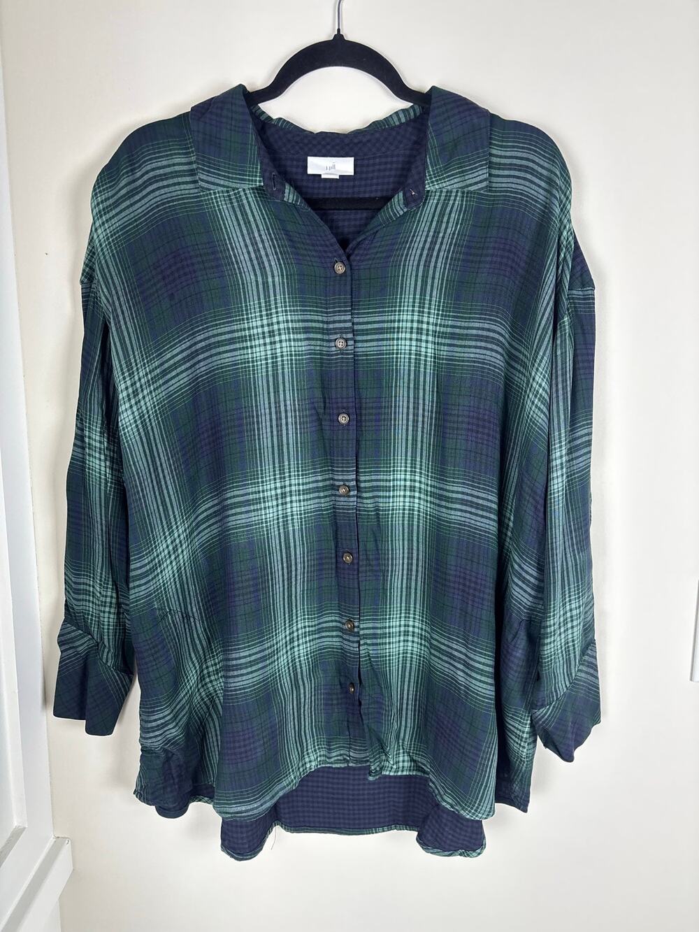 J Jill XL Petite Green Navy Plaid Button Down Tunic Shirt High Low Oversized
